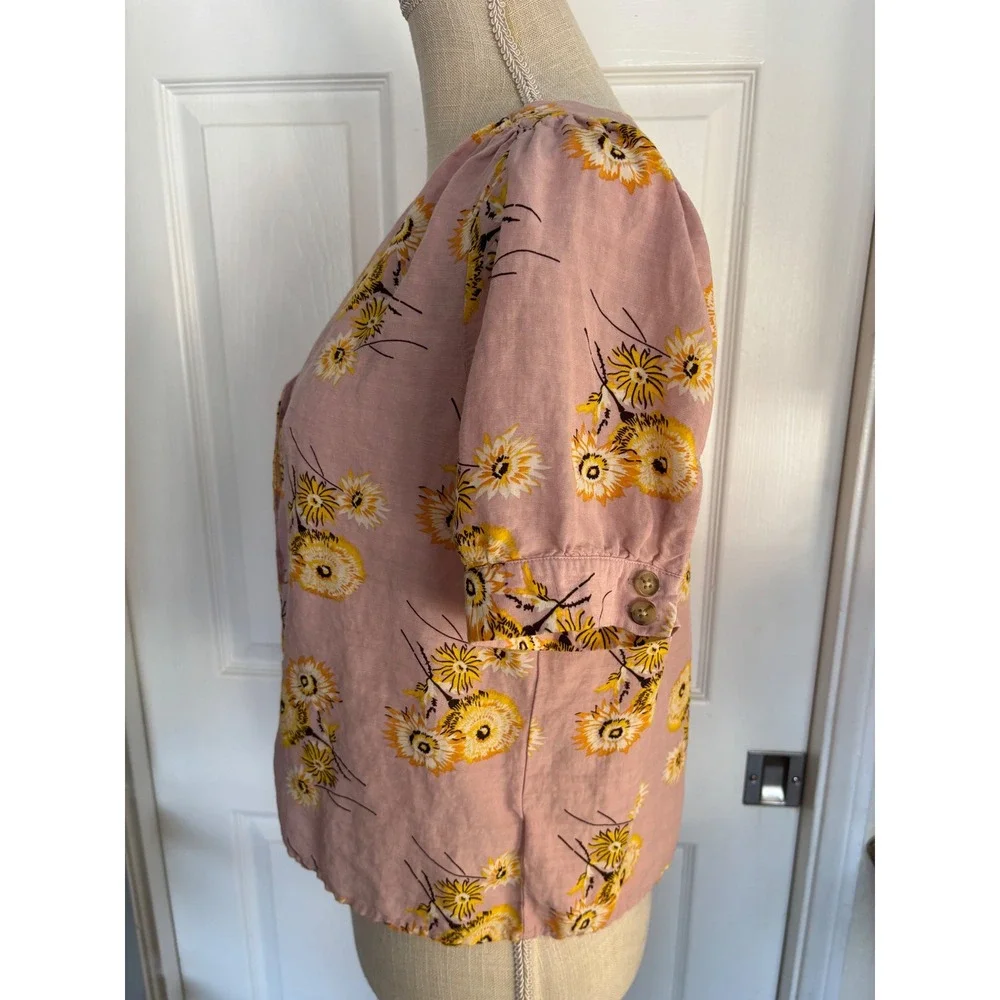 Madewell Button Front Blouse Size M Pink Yellow Floral Linen Blend Puff Sleeve